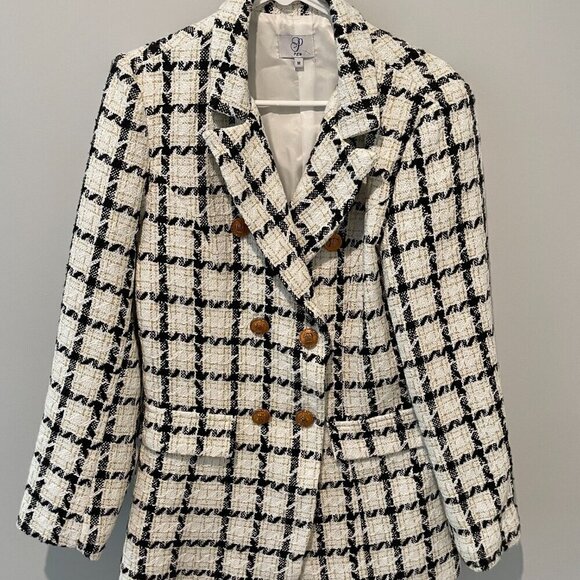Luxe Tweed Double Breasted Lined Blazer Ivory/Black Gold Buttons - Picture 3 of 8